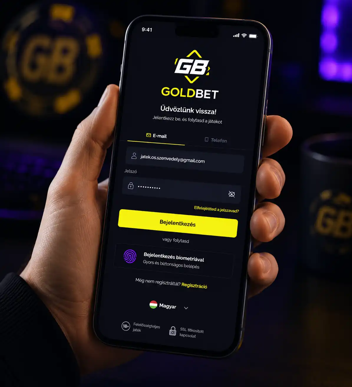 A Goldbet bejelentkezési felülete mobil eszközön, biometrikus azonosítás opcióval