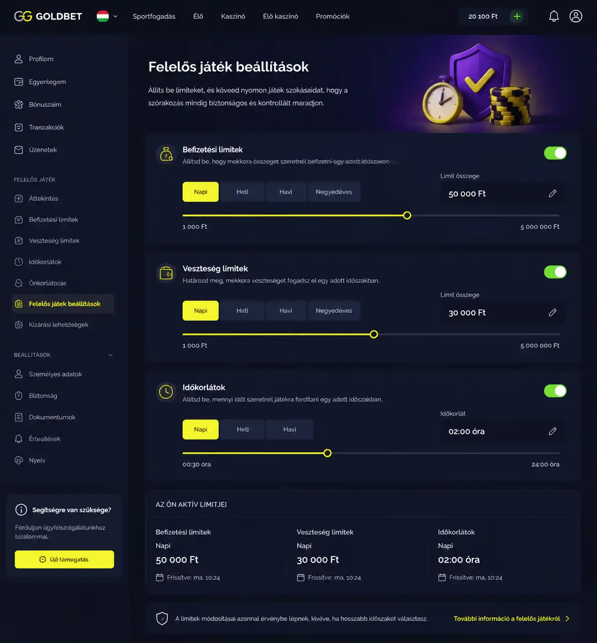 A Goldbet felelősségteljes játék beállítási felülete a befizetési limit opcióval